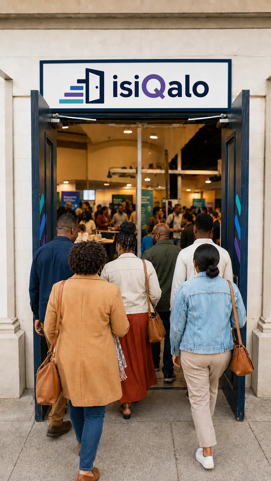 People entering a busy IsiQalo career expo with passports